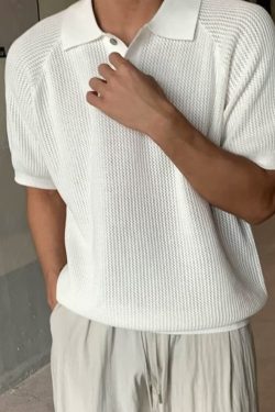 Men's Summer Knitted Polo Shirt, Honeycomb Texture, Loose Fit, Short Sleeve, Niche Cool Style, Trendy Korean Design