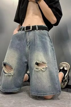 Men's Summer Loose-Fitting Ripped Denim Shorts with Elastic Waist - Trendy Mid-Length Casual Wear for Warm Weather
