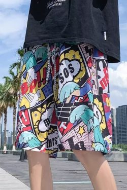 Men's Summer Loose Ice Silk Shorts, Quick-Dry Beach Pants, Trendy Cartoon Print, Breathable Casual Five-Point Style