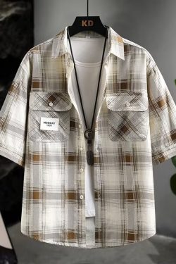 Men's Summer Pure Cotton Checkered Short Sleeve Shirt - Lightweight Casual Breathable Luxury Style for Effortless Warm Weather Fashion