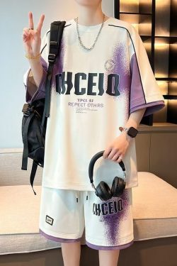 Men's Summer Short Sleeve T-Shirt Set - Youth College Style, Versatile Loose Sports Casual Two-Piece Outfit