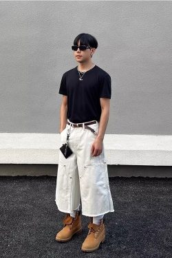 Men's Unisex White Cargo Cropped Pants - American Retro Studded Patchwork High Street Denim Shorts, Deconstructed Design