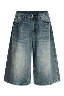 Men's Vintage American Style Water-Washed Blue Denim Shorts - Loose Fit Three-Quarter Length Trendy Summer Trousers
