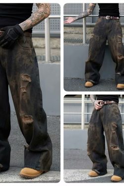 Men's Vintage Ripped Baggy Wide-Leg Jeans - Wasteland Style, American Streetwear, Cool & Loose Floor-Length Pants