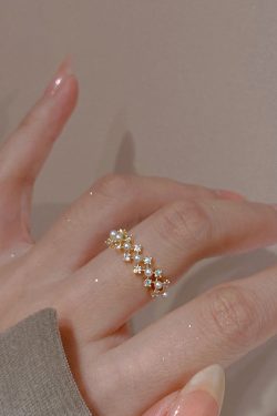 Micro-Inlaid Colored Diamond Zircon Lace Pearl Open Ring for Women - Summer Japanese Korean Style Light Luxury Fashion 2025