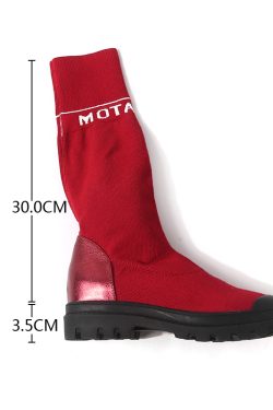 Mid-Calf Knitted Sock Tube Boots for Women - Round Toe Genuine Leather - Trendy Spring Autumn Footwear