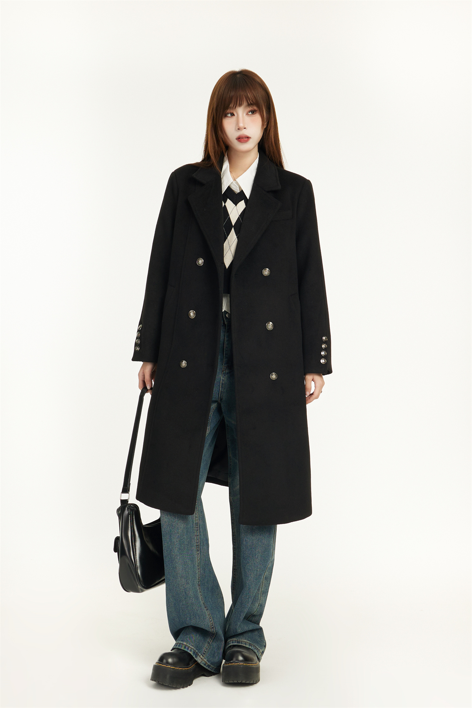 Mid-Length Black Wool Coat for Women - Spring 2025 Slimming Design for Petite - Elegant and Chic Outerwear
