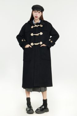 Mid-Length Hooded Black Woolen Coat with Horn Buttons - 2025 Spring College Style Outerwear