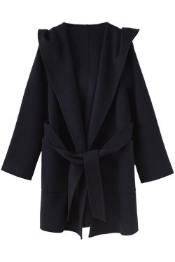 Mid-Length Japanese-Style Wool Cashmere Coat with Hood, Belt, and Pockets for Elegant Commuting in OL Fashion