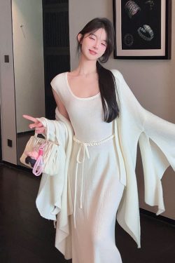 Mid-Length Loose Bell Sleeve White Knitted Cardigan for Women - Soft Cozy Autumn Winter Shawl Sweater