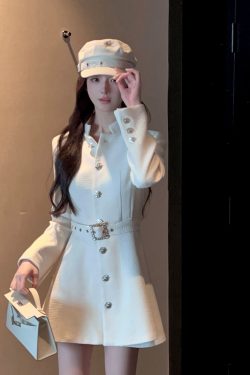 Mid-Length Waist-Cinching White Woolen Coat for Women, Stand Collar, Belted, Autumn Winter Fashion, Elegant Layering Outerwear