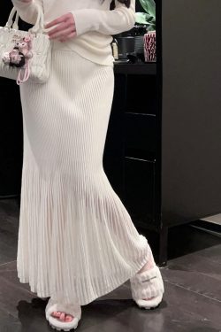 Milk White Hollow Knit Long High Waist Bodycon Mermaid Skirt for Autumn Winter, Elegant Knitwear, Trendy Fashion Style