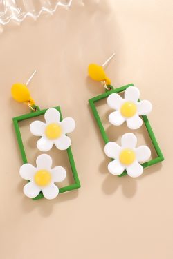 Minimalist Fresh Green and White Floral Stud Earrings, Personalized Forest Style Jewelry for Women