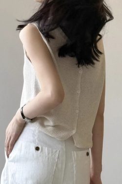 Minimalist Linen Knitted Hollow Vest for Women - 2025 Summer Back Button Sleeveless Cardigan Top