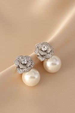 Minimalist Pearl Stud Earrings for Women, Vintage S925 Silver Drop Earrings with Sparkly Rhinestone Camellia Detail, Elegant Style