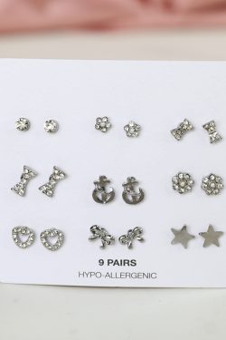 Minimalist Silver-Plated Diamond-Studded Small Earrings Set - 9 Pairs, Elegant and Versatile Jewelry for Women