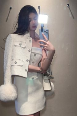 Mink Velvet White Woolen Suspender Dress for Autumn Winter - Heavy-Duty Fitted Short Skirt, Cozy Layering Essential