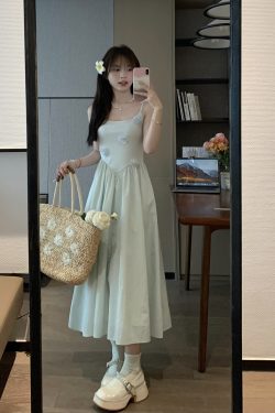 Mint Green Camisole Long Dress with Waist-Cinching Slimming Effect for Summer - Elegant, Lightweight, Perfect for 90s and Y2K Style