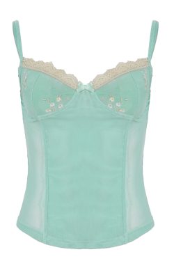Mint Green Lace Spliced Camisole Top - French Romantic Sheer Vacation Style with Bust Shape, Perfect for 90s and Y2K Fashion Lovers