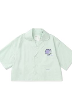 Mint Green Women's Short Sleeve Shirt with Petal Collar - Roaring Beast Design, Trendy 90s Style Top