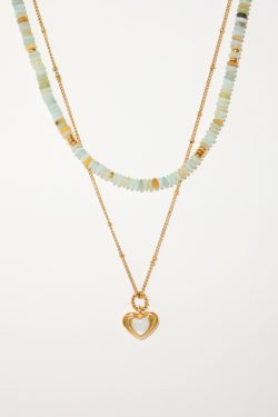 Morandi Mint Green Gold-Plated Natural Stone Pearl Beaded Heart Stacking Necklace - Y2K French Niche Jewelry
