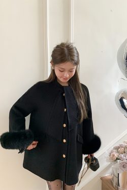 Mrs. Hepburn-Style Black Double-Sided Wool Coat for Women with Fox Fur Trim - 2025 High-End Outerwear