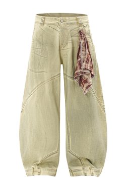 Mud Dyed Yellow Denim Wide-Leg Pants - Vintage American Style Curved Blade Design for 90s and Y2K Fashion Lovers