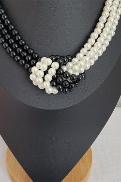 Multi-Layer Pearl Necklace with Black and White Splicing, Knotted Choker, Versatile Neck Chain for Stylish Layering