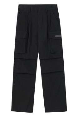 Multi-Pocket Pleated Cargo Pants with Metal Tag - Clean Fit Long Work Pants for Versatile Style and Functionality