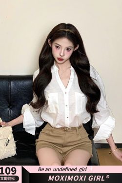 Natural Cotton White Pocket Shirt Set with High Waist Slimming Shorts for Women - Casual Chic Style