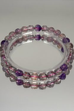 Natural Fairy Super Seven Crystal Bracelet - Purple Bead & Golden Strawberry Red Higanbana Design - Boho Chic Gemstone Jewelry