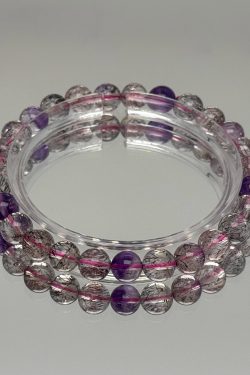 Natural Fairy Super Seven Crystal Bracelet with Purple Beads and Black Crystal Accents - Boho Chic Gemstone Jewelry