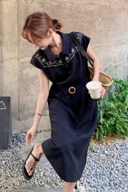 Navy Blue Hong Kong Style High-End Vintage Dress for Women - Summer 2025 Slim Fit Waist-Cinching Long Shirt Dress