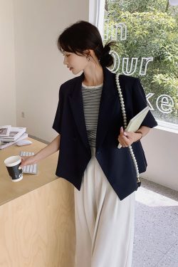 Navy Blue Korean-Style Short Sleeve Suit Set for Women, Elegant Casual Two-Piece Wide-Leg Pants for Petite Sizes - Summer 2025