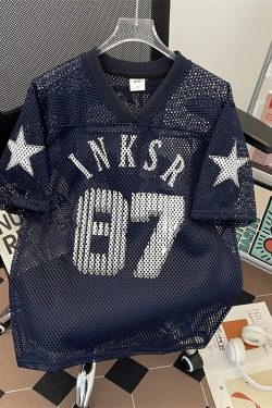 Navy Blue Mesh Jersey Retro Printed Short Sleeve T-Shirt for Men and Women - Breathable Summer Streetwear