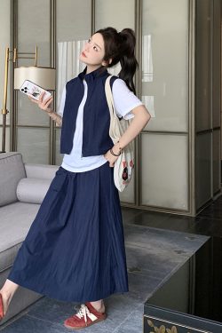 Navy Blue Three-Piece Summer Outfit Set - Elegant Work Vest & Half Skirt for Sophisticated Style