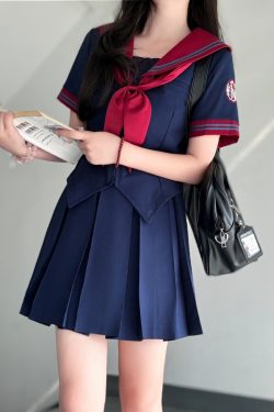 Navy Collar Bad Sailor Suit Set - Short Sleeve Pudding Bear JK Uniform - Summer Basic Model Fashion for Y2K and Korean Style Enthusiasts
