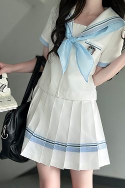 Navy Collar Plaid Splicing Short Sleeve Top Women's Set - Pudding Bear JK Uniform College Style Summer Fashion