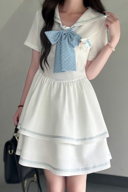 Navy Collar Short Sleeve Double-Layer Cake Skirt Pudding Bear JK Uniform Summer Dress - 2025 Y2K Fashion Style