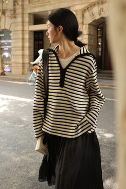Navy Plush Contrast Textured Black and White Stripe Loose Top - Trendy Korean Style Fashion for Effortless Chic Looks