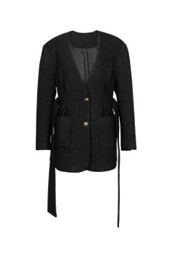No-Collar Pleated Waist Wool Coat with Gold Buckle - Yuppie Style for Autumn & Winter Fashion