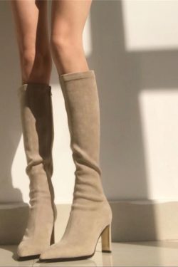 Nude Over-the-Knee High Heeled Boots for Women - Stretchy Slim-Fit Chunky Heel Thigh-High Style for Autumn Winter 2024
