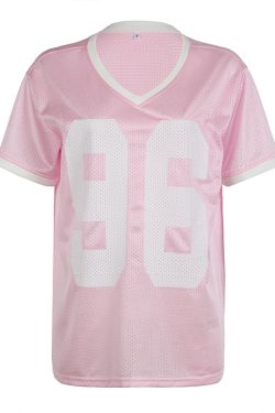 Off-Shoulder Color-Blocking V-Neck Short Sleeve T-Shirt - Casual Loose Fit Digital Print American Street Style