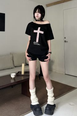 Off-Shoulder Crossbody Top for Women, Loose American Style Summer T-Shirt, Slim Fit Short Sleeve, Trendy Casual Wear