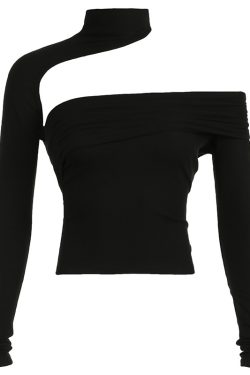 Off-Shoulder Hollow Out Halter Long Sleeve T-Shirt for Women - Solid Color Irregular Fashion Top for Autumn Street Style