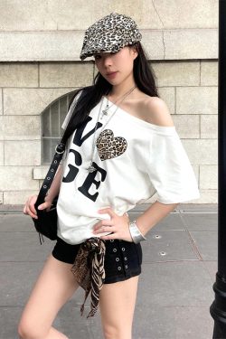 Off-Shoulder Letter Print T-Shirt for Women - Summer Loose Fit Pure Cotton Top, Short Sleeve Slimming Shoulder-Baring Style
