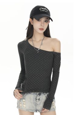 Off-Shoulder Long Sleeve T-Shirt for Women - Trendy 2025 Base Layer, American Style, High-Waisted Slim-Fit Top