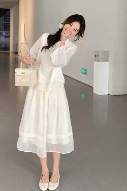 Off-White Buttoned Dress Two-Piece Set - Trendy Cold-Style Outfit for 2025, Unique Exquisite Design, Perfect for Y2K Fashion Lovers