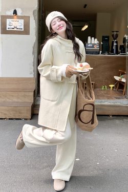 Off-White Double-Sided Cashmere Coat with Horn Buttons - Women's 2024 Winter Korean Style Woolen Outerwear