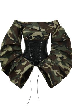 One-Shoulder Camouflage Spliced Long Sleeve Shirt Top for Women - Sexy American Style Niche Fashion